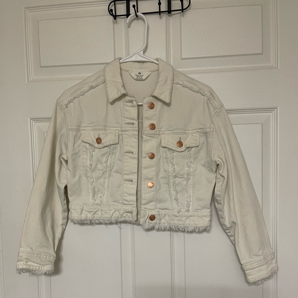 Cream Cropped Jean Jacket with Copper Accents - Size